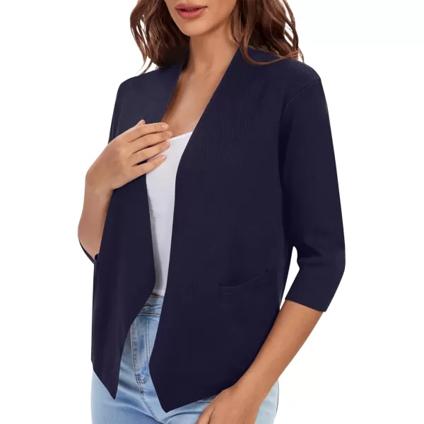 Urban CoCo Womens 34 Sleeve Cropped Open Front Cardigan Knit Lightweight V Neck Knit Bolero Shrugs with PocketsNavy Blue