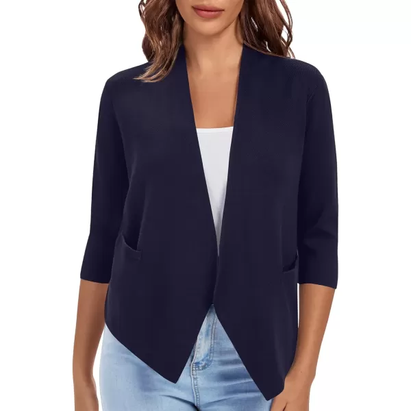 Urban CoCo Womens 34 Sleeve Cropped Open Front Cardigan Knit Lightweight V Neck Knit Bolero Shrugs with PocketsNavy Blue