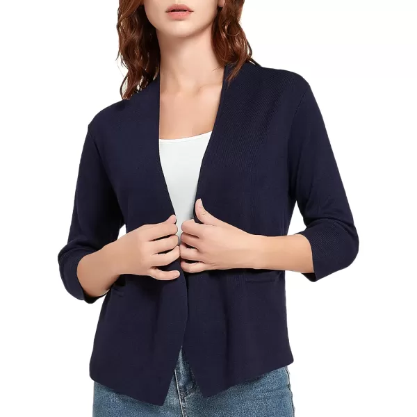 Urban CoCo Womens 34 Sleeve Cropped Open Front Cardigan Knit Lightweight V Neck Knit Bolero Shrugs with PocketsNavy Blue