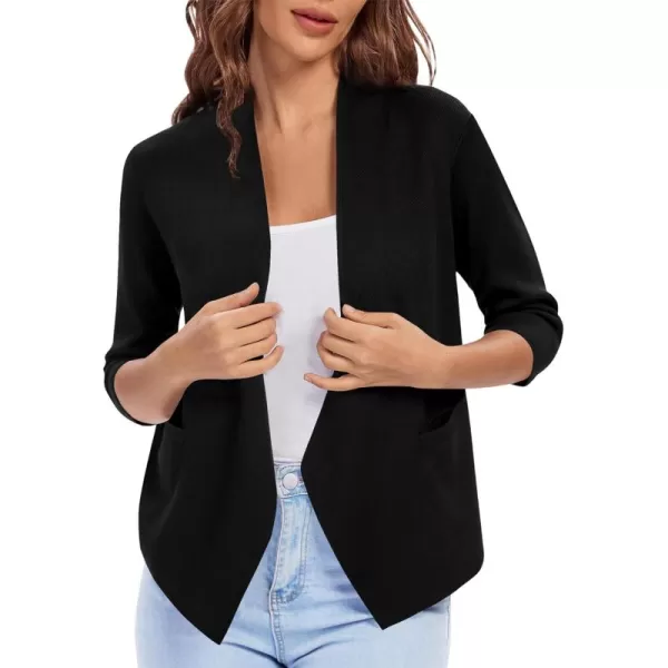 Urban CoCo Womens 34 Sleeve Cropped Open Front Cardigan Knit Lightweight V Neck Knit Bolero Shrugs with PocketsBlack