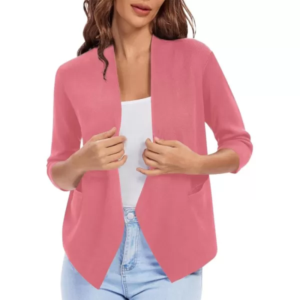 Urban CoCo Womens 34 Sleeve Cropped Open Front Cardigan Knit Lightweight V Neck Knit Bolero Shrugs with PocketsCoral