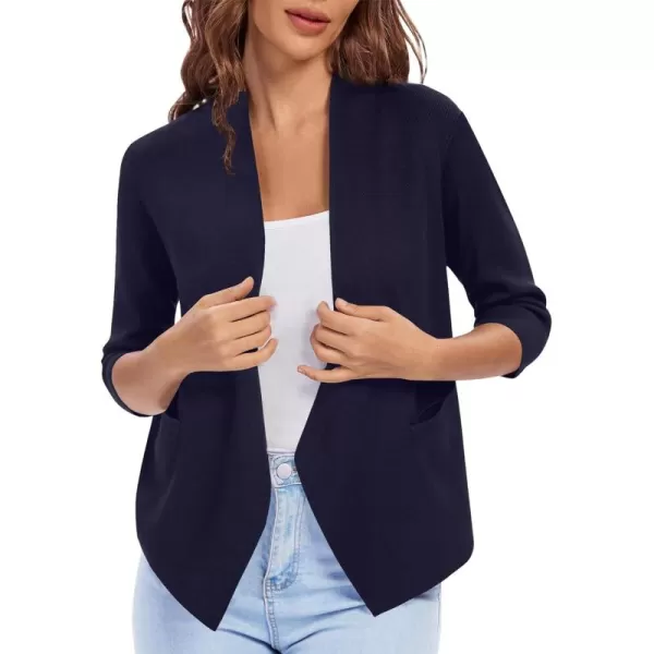 Urban CoCo Womens 34 Sleeve Cropped Open Front Cardigan Knit Lightweight V Neck Knit Bolero Shrugs with PocketsNavy Blue
