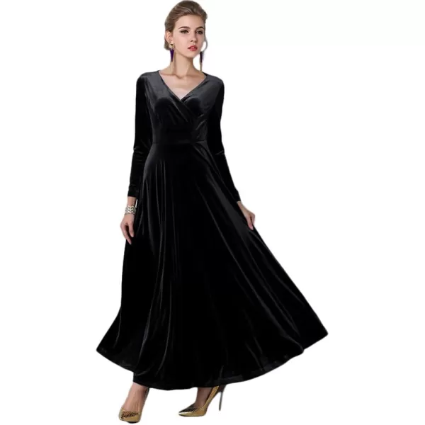 Urban CoCo Women Long Sleeve VNeck Velvet Stretchy Long DressBlack