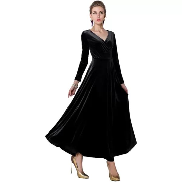 Urban CoCo Women Long Sleeve VNeck Velvet Stretchy Long DressBlack