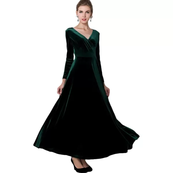 Urban CoCo Women Long Sleeve VNeck Velvet Stretchy Long DressGreen