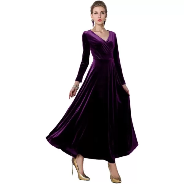 Urban CoCo Women Long Sleeve VNeck Velvet Stretchy Long DressPurple