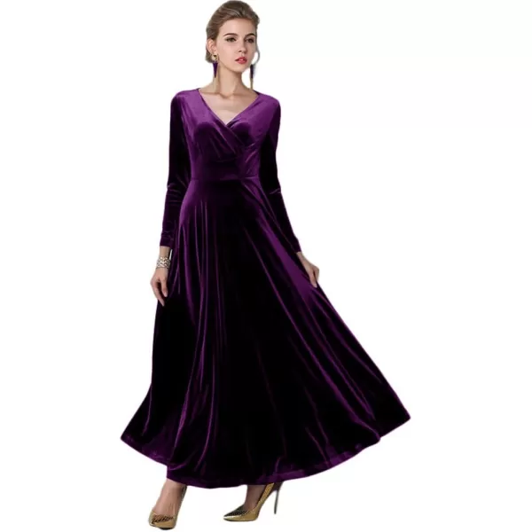 Urban CoCo Women Long Sleeve VNeck Velvet Stretchy Long DressPurple