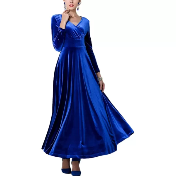 Urban CoCo Women Long Sleeve VNeck Velvet Stretchy Long DressRoyal Blue
