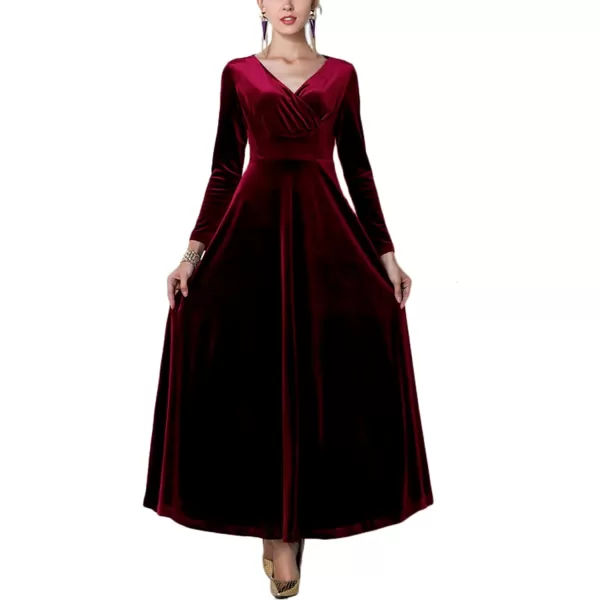 Urban CoCo Women Long Sleeve VNeck Velvet Stretchy Long DressWine Red