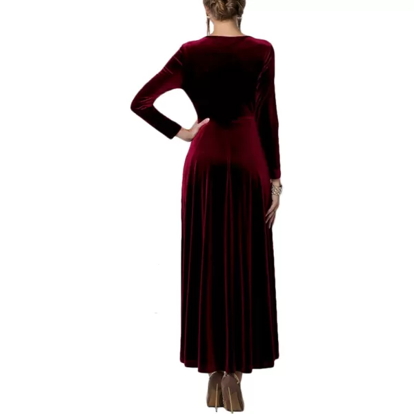 Urban CoCo Women Long Sleeve VNeck Velvet Stretchy Long DressWine Red