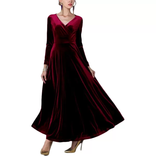 Urban CoCo Women Long Sleeve VNeck Velvet Stretchy Long DressWine Red