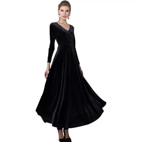 Urban CoCo Women Long Sleeve VNeck Velvet Stretchy Long DressBlack