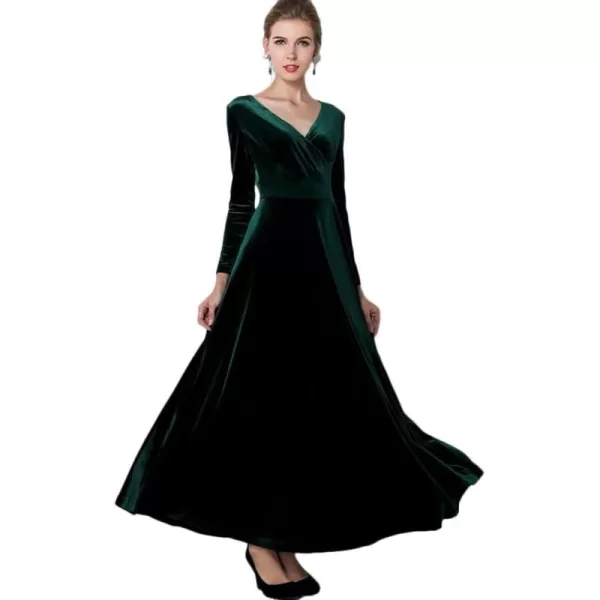 Urban CoCo Women Long Sleeve VNeck Velvet Stretchy Long DressGreen