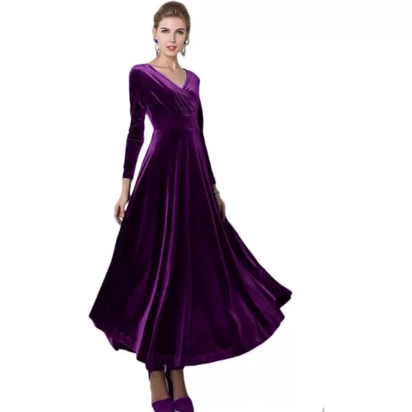 Urban CoCo Women Long Sleeve VNeck Velvet Stretchy Long DressPurple