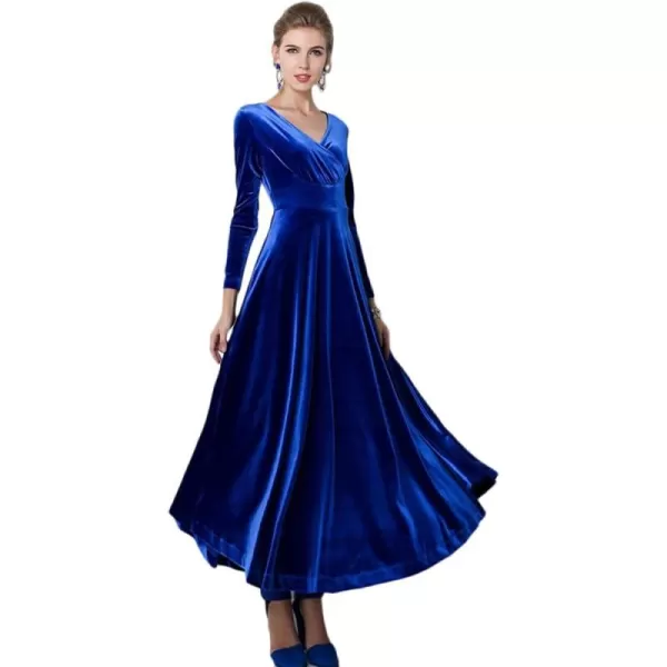Urban CoCo Women Long Sleeve VNeck Velvet Stretchy Long DressRoyal Blue