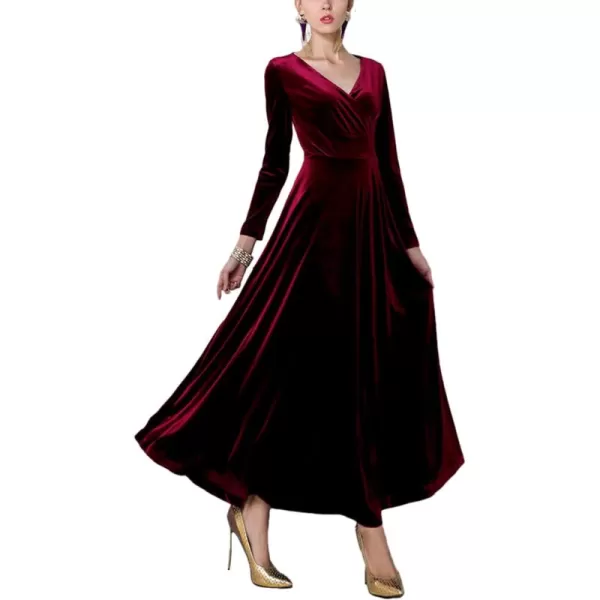 Urban CoCo Women Long Sleeve VNeck Velvet Stretchy Long DressWine Red
