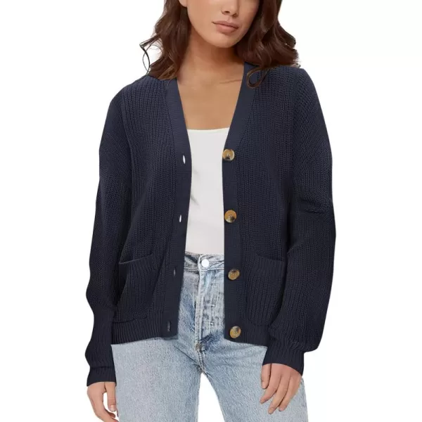Urban CoCo Womens Lightweight Knit Open Front VNeck Long Sleeve Button Down Casual Cardigan with PocketsNavy Blue