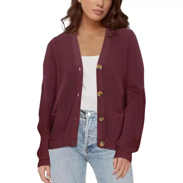 Urban CoCo Womens Lightweight Knit Open Front VNeck Long Sleeve Button Down Casual Cardigan with PocketsWine Red