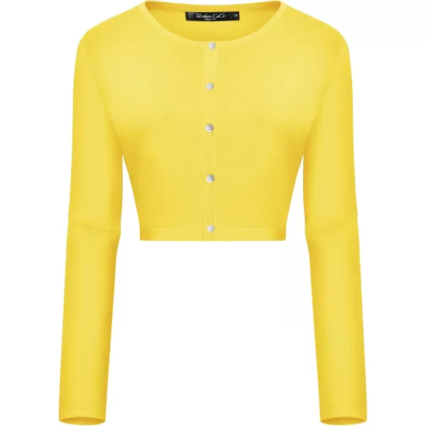 Urban CoCo Womens Button Down Crew Neck Cropped Cardigan Lightweight Shrug Kint SweaterLemon Yellow
