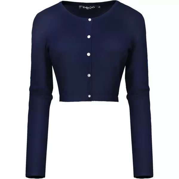Urban CoCo Womens Button Down Crew Neck Cropped Cardigan Lightweight Shrug Kint SweaterNavy Blue