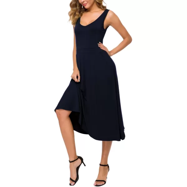Urban CoCo Womens Summer Casual Sleeveless Flared Midi Dress Swing TShirt Dresses with PocketsNavy Blue