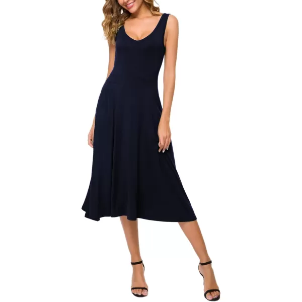 Urban CoCo Womens Summer Casual Sleeveless Flared Midi Dress Swing TShirt Dresses with PocketsNavy Blue