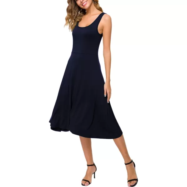 Urban CoCo Womens UNeck Sleeveless Flared Midi Dress Summer Swing TShirt DressesNavy Blue
