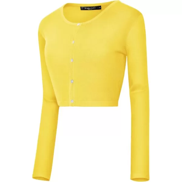 Urban CoCo Womens Button Down Crew Neck Cropped Cardigan Lightweight Shrug Kint SweaterLemon Yellow