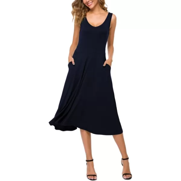 Urban CoCo Womens Summer Casual Sleeveless Flared Midi Dress Swing TShirt Dresses with PocketsNavy Blue