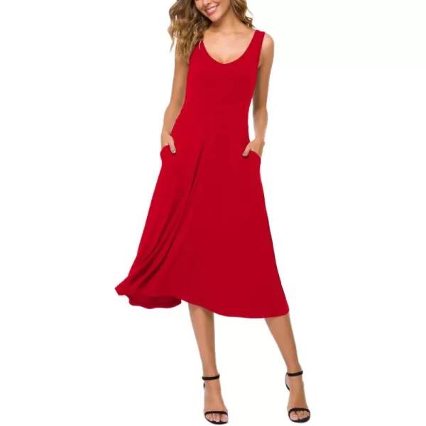 Urban CoCo Womens Summer Casual Sleeveless Flared Midi Dress Swing TShirt Dresses with PocketsRed