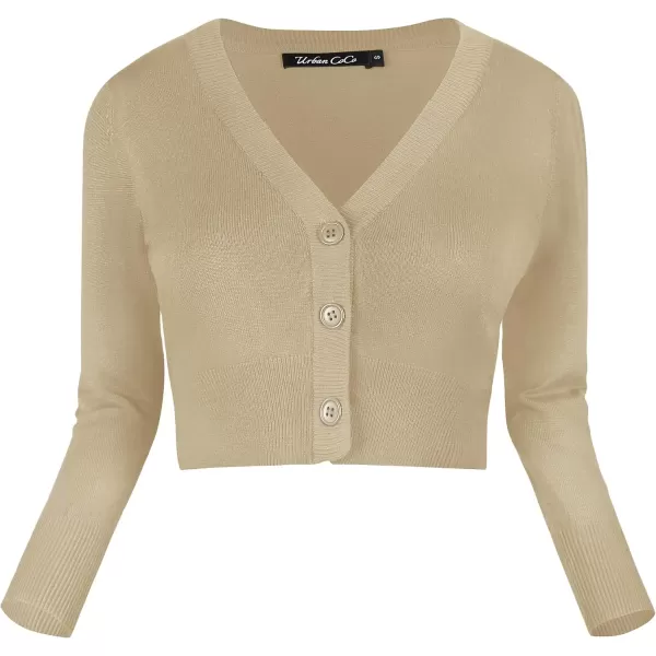 Urban CoCo Womens Cropped Cardigan VNeck Button Down Knitted Sweater 34 SleeveCamel