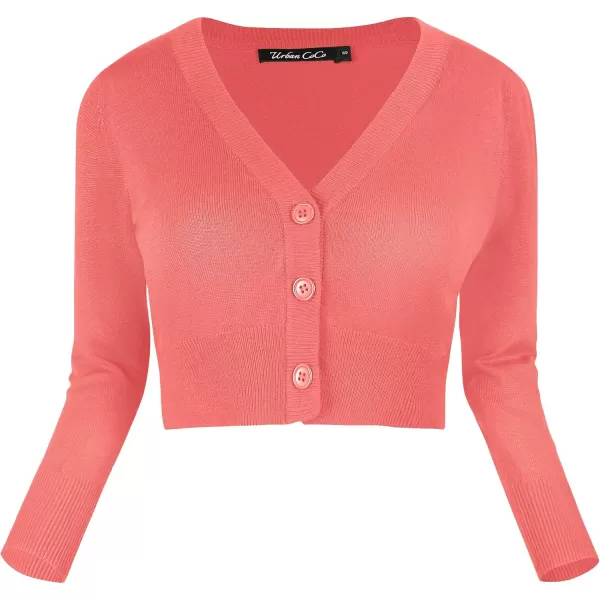 Urban CoCo Womens Cropped Cardigan VNeck Button Down Knitted Sweater 34 SleeveCoral