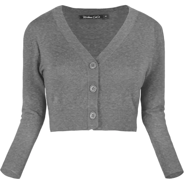 Urban CoCo Womens Cropped Cardigan VNeck Button Down Knitted Sweater 34 SleeveHeather Gray