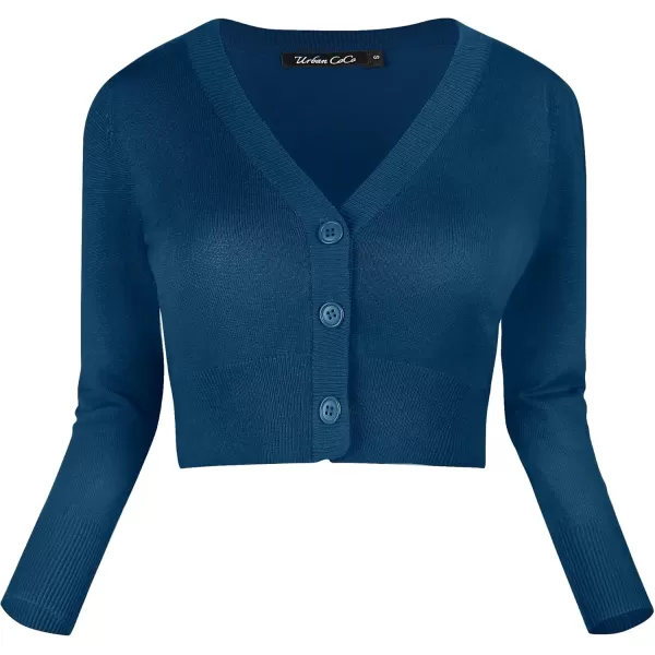 Urban CoCo Womens Cropped Cardigan VNeck Button Down Knitted Sweater 34 SleeveInk Blue