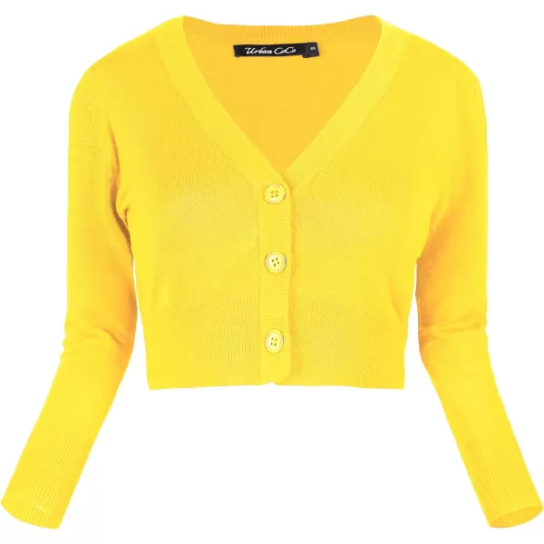 Urban CoCo Womens Cropped Cardigan VNeck Button Down Knitted Sweater 34 SleeveLemon Yellow