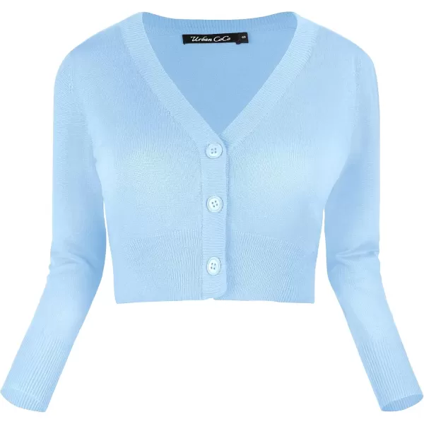 Urban CoCo Womens Cropped Cardigan VNeck Button Down Knitted Sweater 34 SleeveLight Blue