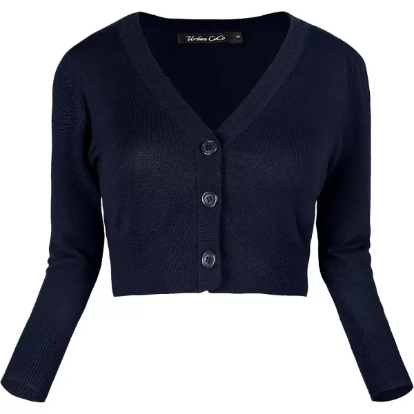 Urban CoCo Womens Cropped Cardigan VNeck Button Down Knitted Sweater 34 SleeveNavy