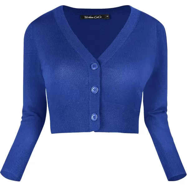 Urban CoCo Womens Cropped Cardigan VNeck Button Down Knitted Sweater 34 SleeveRoyal Blue