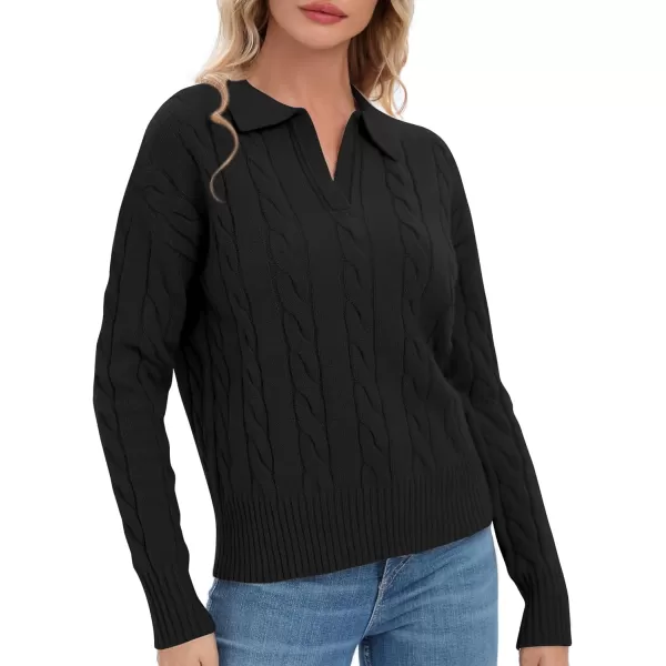 Urban CoCo Womens VNeck Knit Pullover Sweaters Lapel Collar Casual 2023 Fall Jumper TopsBlack