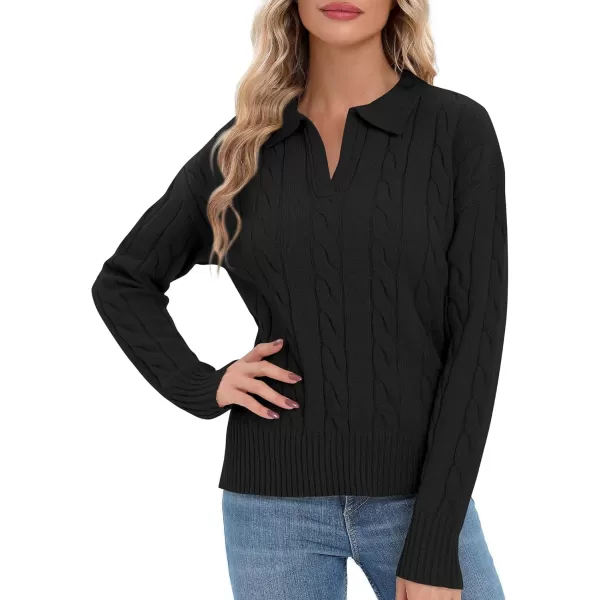Urban CoCo Womens VNeck Knit Pullover Sweaters Lapel Collar Casual 2023 Fall Jumper TopsBlack