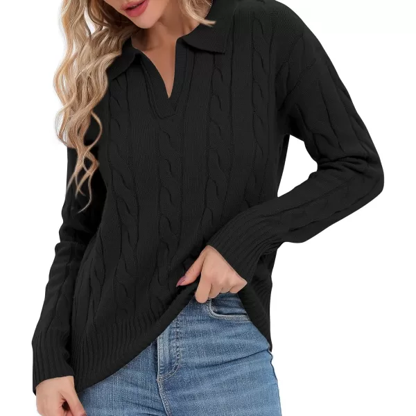 Urban CoCo Womens VNeck Knit Pullover Sweaters Lapel Collar Casual 2023 Fall Jumper TopsBlack