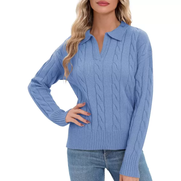 Urban CoCo Womens VNeck Knit Pullover Sweaters Lapel Collar Casual 2023 Fall Jumper TopsBlue Heather