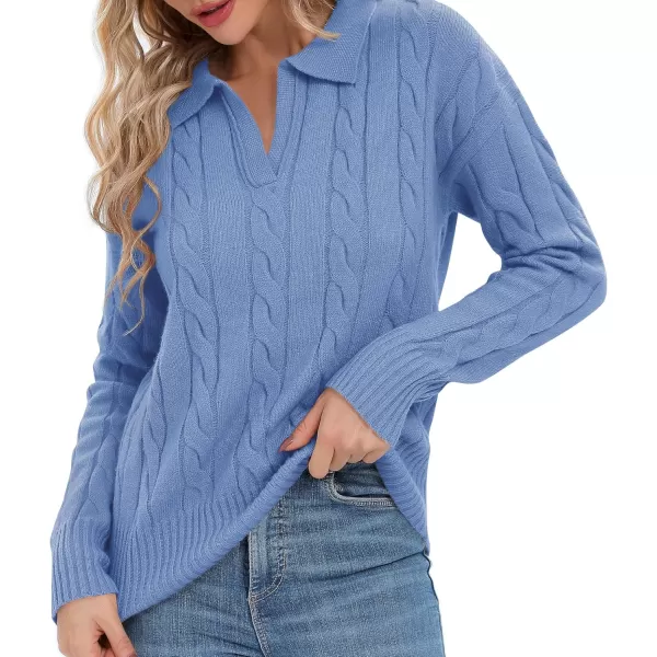 Urban CoCo Womens VNeck Knit Pullover Sweaters Lapel Collar Casual 2023 Fall Jumper TopsBlue Heather