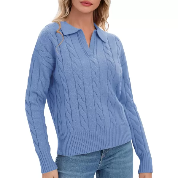 Urban CoCo Womens VNeck Knit Pullover Sweaters Lapel Collar Casual 2023 Fall Jumper TopsBlue Heather