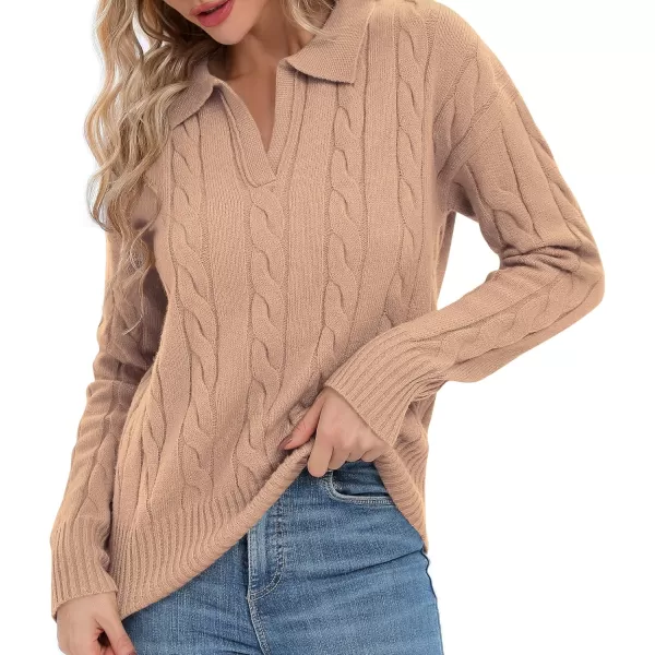 Urban CoCo Womens VNeck Knit Pullover Sweaters Lapel Collar Casual 2023 Fall Jumper TopsCamel
