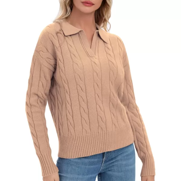 Urban CoCo Womens VNeck Knit Pullover Sweaters Lapel Collar Casual 2023 Fall Jumper TopsCamel
