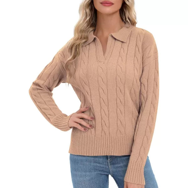 Urban CoCo Womens VNeck Knit Pullover Sweaters Lapel Collar Casual 2023 Fall Jumper TopsCamel