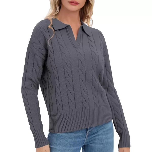 Urban CoCo Womens VNeck Knit Pullover Sweaters Lapel Collar Casual 2023 Fall Jumper TopsDeep Grey