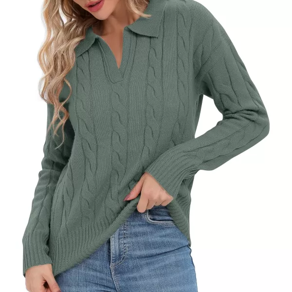 Urban CoCo Womens VNeck Knit Pullover Sweaters Lapel Collar Casual 2023 Fall Jumper TopsGreyish Green