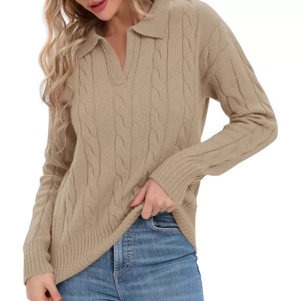 Urban CoCo Womens VNeck Knit Pullover Sweaters Lapel Collar Casual 2023 Fall Jumper TopsKahki
